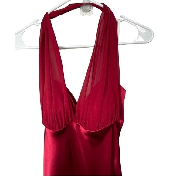 Betsy & Adam Red Satin Gown Sheer Halter Neck Short Train Back Ruffle, 6 - Picture 5 of 10